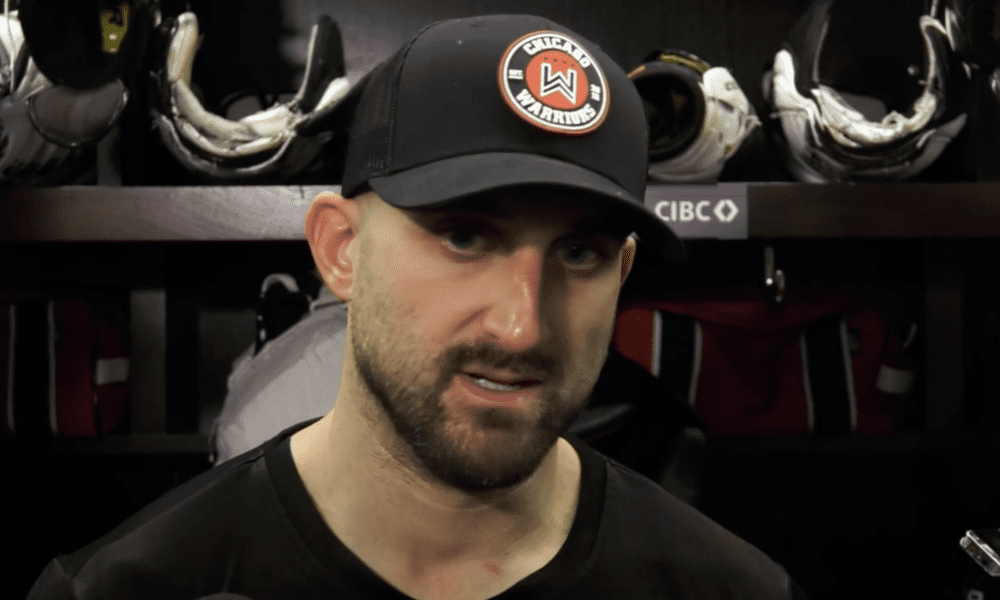 Nick Foligno #17, Chicago Blackhawks addresses media postgame on Oct. 22